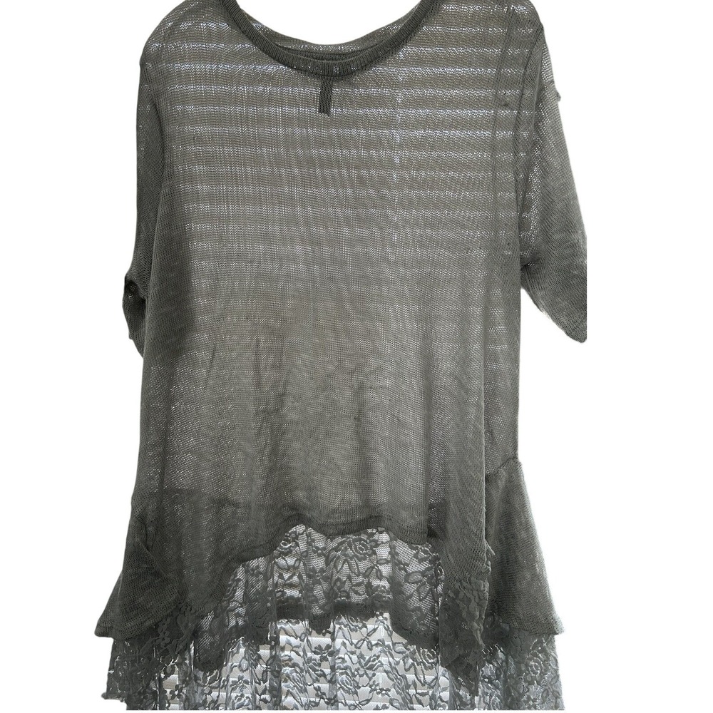 Allie & Rob Womens Grey Knit Short Sleeve Top Floral Lace High Low Hem XL